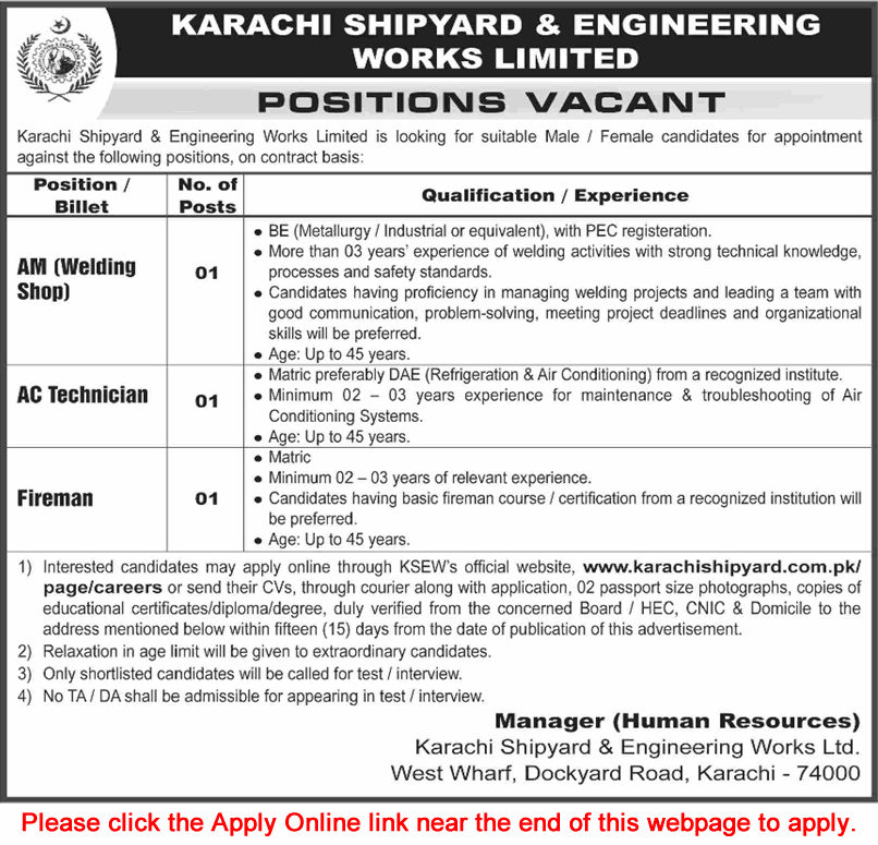 Karachi Shipyard and Engineering Works Jobs December 2025 Apply Online AC Technician, Fireman & Assistant Manager Latest