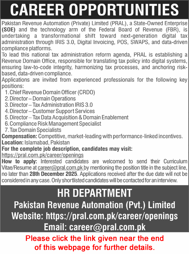 Pakistan Revenue Automation Pvt Ltd Islamabad Jobs 2025 December Tax Domain Specialists & Others PRAL Latest