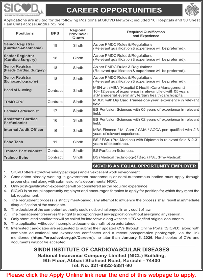 SICVD Jobs December 2025 Apply Online Senior Registrar & Others Sindh Institute of Cardiovascular Diseases Latest