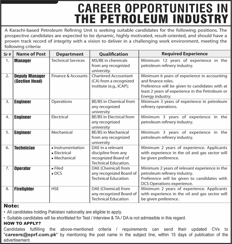 ENAR Petroleum Refining Facility Karachi Jobs 2026 Engineers, Technicians & Others EPRF Latest