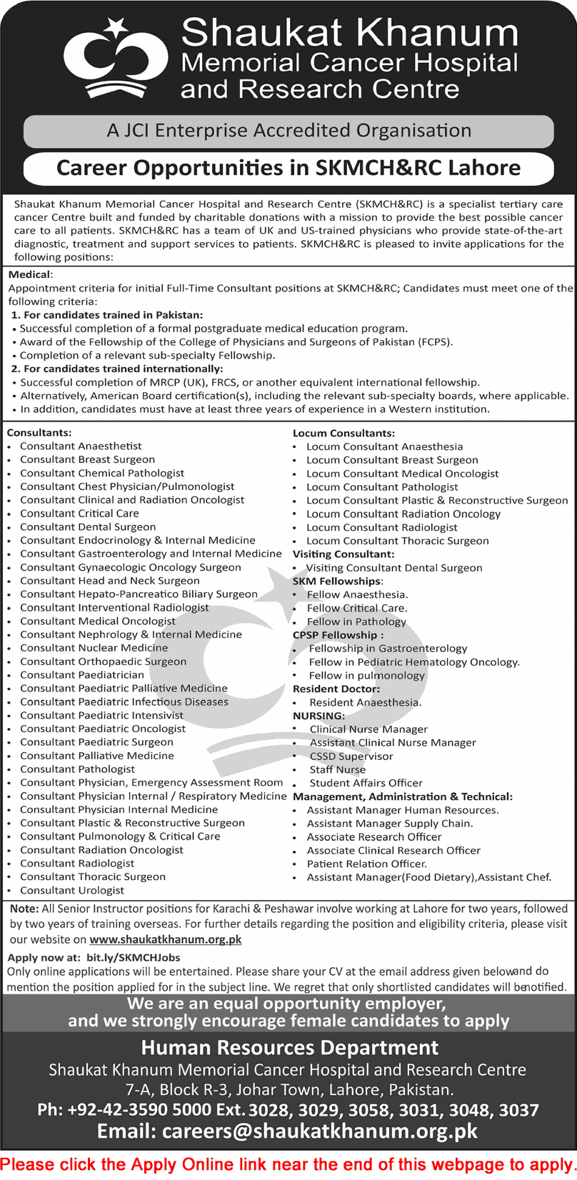 Shaukat Khanum Hospital Lahore Jobs 2026 Apply Online Medical Consultants, Nurses & Others SKMCH&RC Latest
