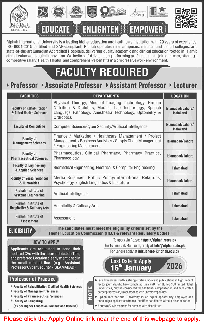 Riphah International University Jobs 2026 Apply Online Teaching Faculty RIU Latest