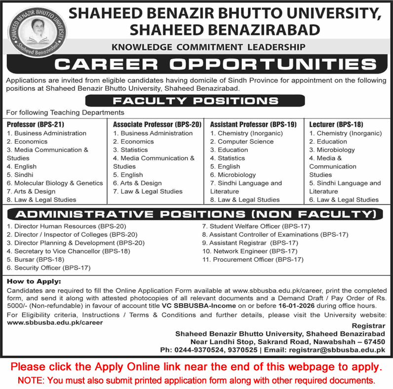 Shaheed Benazir Bhutto University Shaheed Benazirabad Jobs 2026 Apply Online Teaching Faculty & Others SBBU Latest