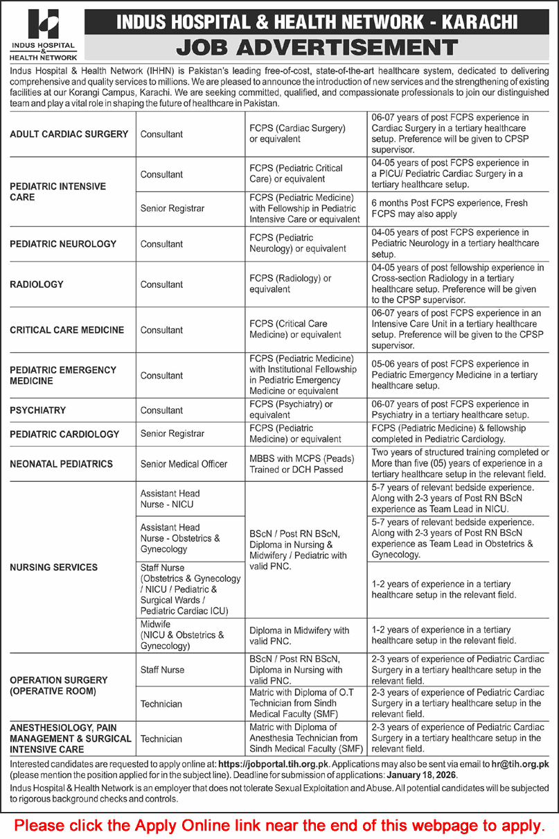 Indus Hospital Karachi Jobs 2026 Apply Online Medical Consultants, Nurses & Others Latest