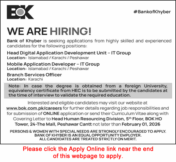 Bank of Khyber Jobs 2026 Apply Online Mobile Application Developers & Others BOK Latest