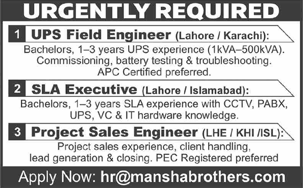 Mansha Brothers Karachi / Lahore / Islamabad Jobs 2026 Sales Engineers, UPS Field Engineers & SLA Executives Latest