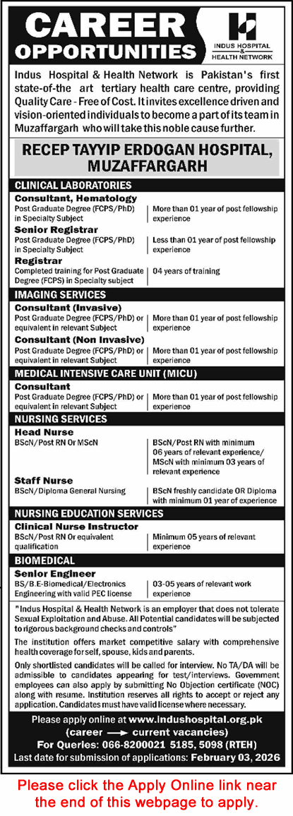Indus Hospital Muzaffargarh Jobs 2026 Apply Online Recep Tayyip Erdogan Hospital Latest