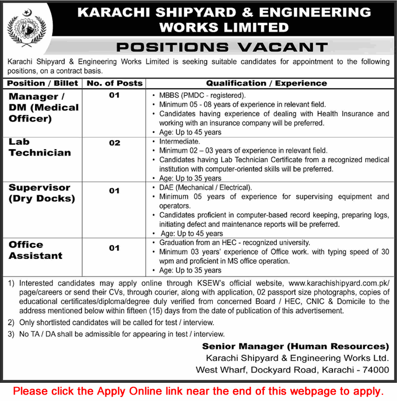 Karachi Shipyard and Engineering Works Jobs 2026 Apply Online Lab Technician, Office Assistant & Others KSEW Latest