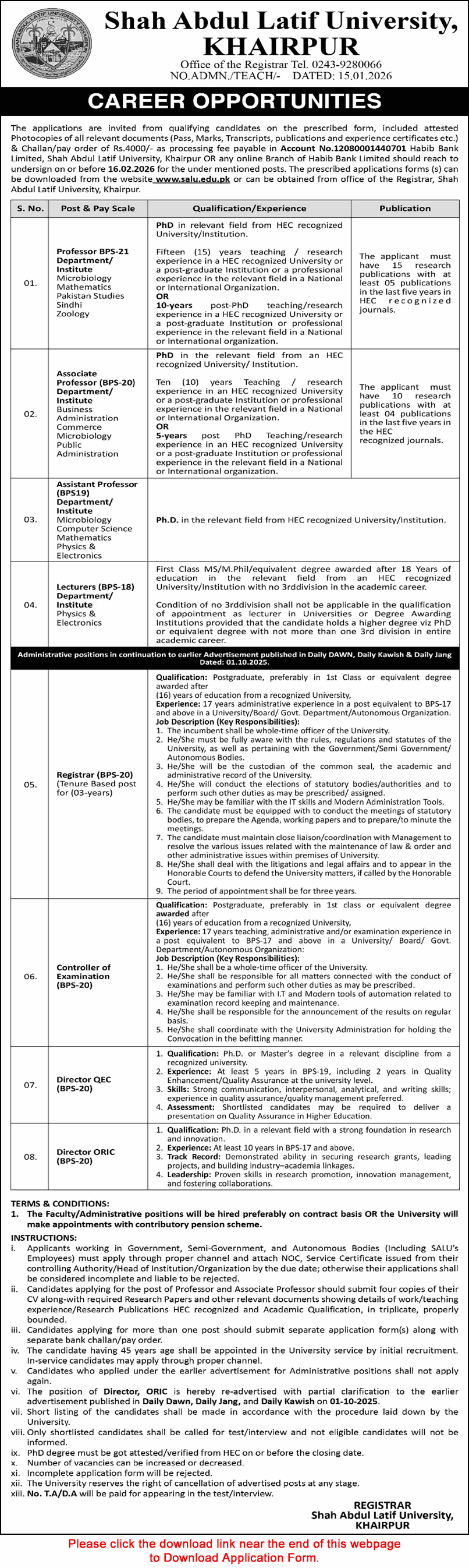 Shah Abdul Latif University Khairpur Jobs 2026 SALU Application Form Teaching Faculty & Others Latest