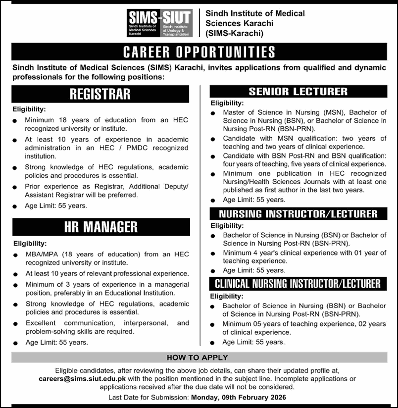 Sindh Institute of Medical Sciences Karachi Jobs 2026 Nursing Instructor / Lecturer & Others SIMS Latest