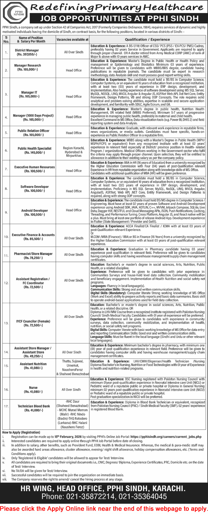 PPHI Sindh Jobs 2026 February Apply Online District Managers, Nurses, Others Latest