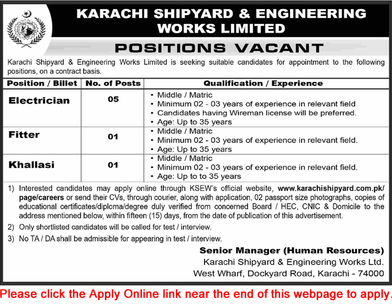 Karachi Shipyard and Engineering Works Jobs February 2026 Apply Online Electricians, Fitter & Khallasi KSEW Latest