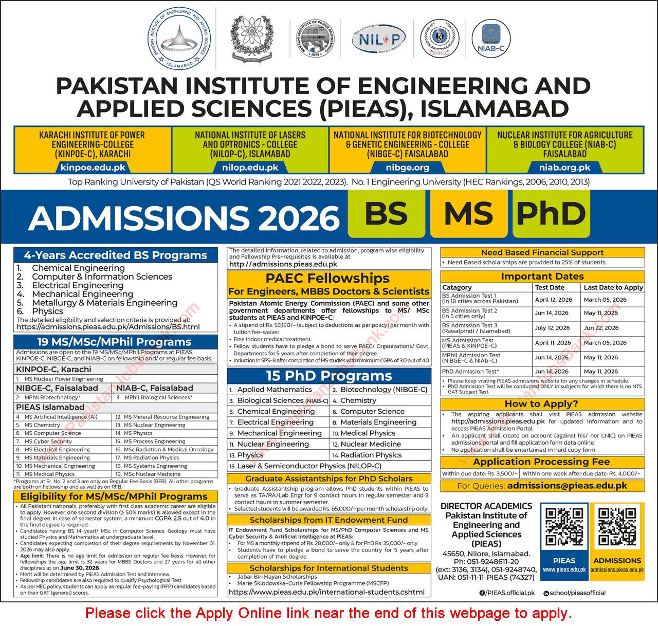 PIEAS Fellowships 2026 February MS / Postgraduate Programs for Engineers, Scientists & Doctors in PAEC KINPOE Apply Online Latest