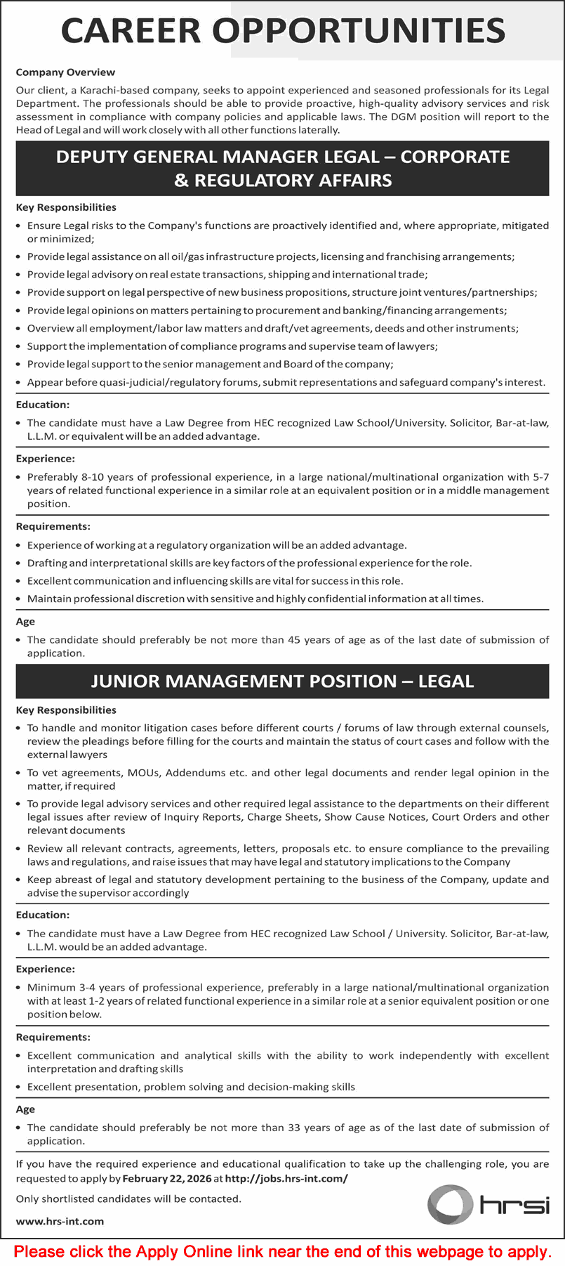 HRSI Pakistan Jobs February 2026 Apply Online Deputy General Manager & Junior Management Position Latest