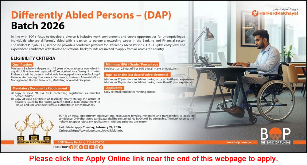 Bank of Punjab Jobs February 2026 Apply Online for Differently Abled Persons DAP BOP Latest