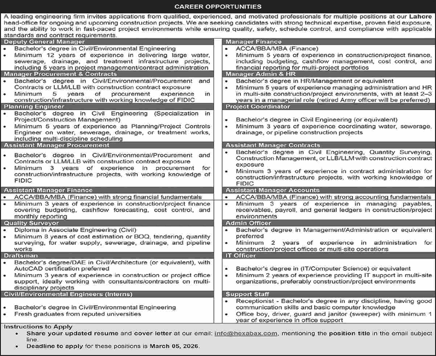 Hexabax Lahore Jobs 2026 February Assistant Managers, Admin / IT Officers & Others Latet