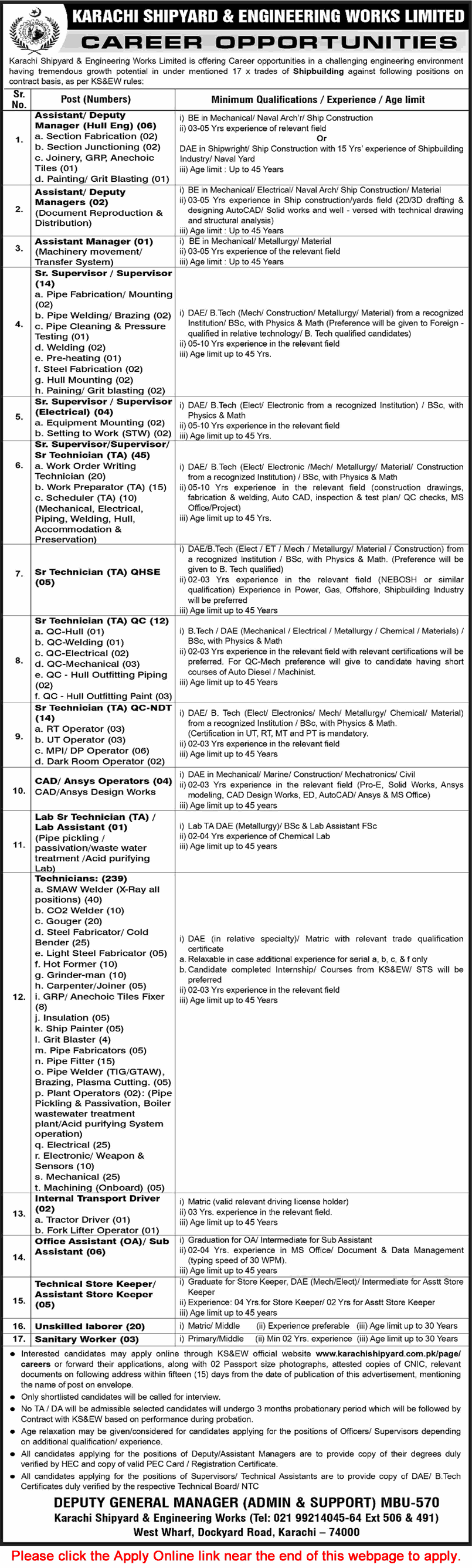Karachi Shipyard and Engineering Works Jobs February 2026 Apply Online Technicians, Supervisors & Others KSEW Latest