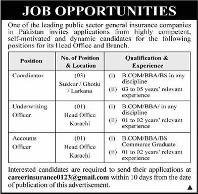 Insurance Company Jobs in Sindh 2026 March Coordinators, Underwriting & Accounts Officer Latest