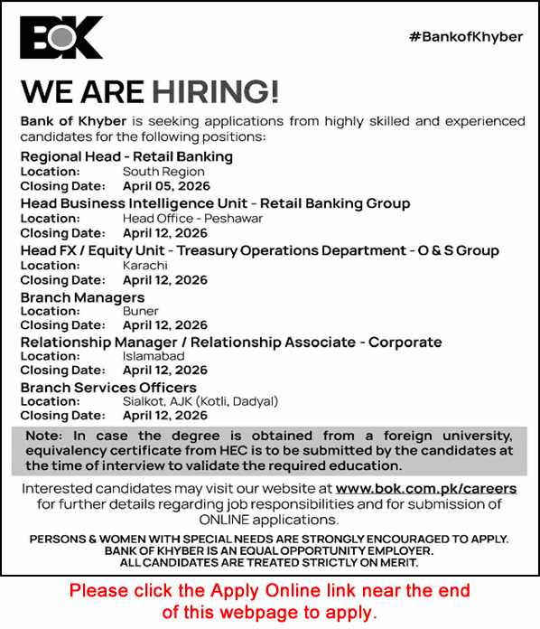 Bank of Khyber Jobs March 2026 April Apply Online Branch Services Officers & Others BOK Latest