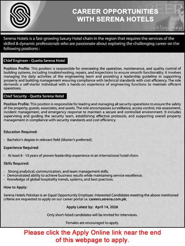 Chief Engineer / Security Jobs in Serena Hotel Quetta 2026 March / April Apply Online Latest
