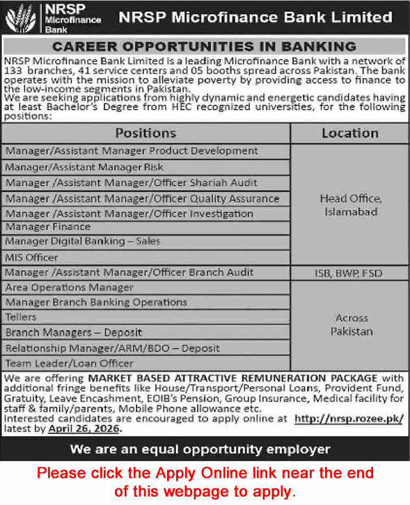NRSP Microfinance Bank Jobs 2026 April Apply Online Tellers, Relationship / Branch Managers & Others Latest