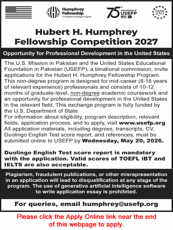 Hubert H. Humphrey Fellowship Program 2026 / 2027 USEF Pakistan Apply Online Latest