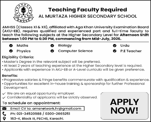 Teaching Faculty Jobs in Al Murtaza Higher Secondary School Karachi 2026 April AMHSS Latest