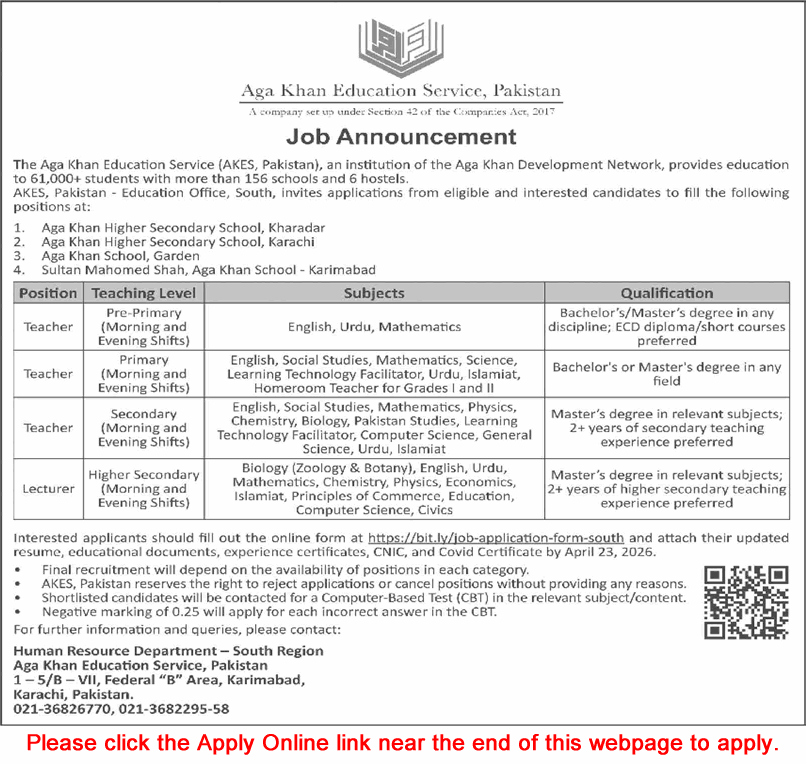 Aga Khan Education Service Karachi Jobs 2026 April Apply Online Teachers & Lecturers AKES Latest