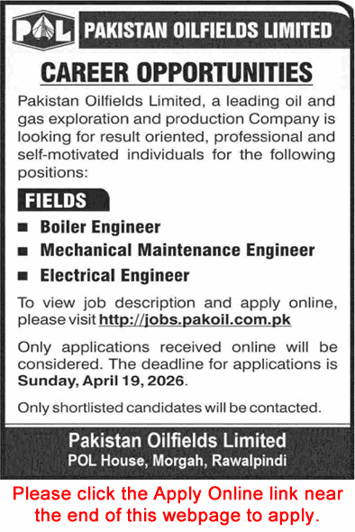 Pakistan Oilfields Limited Jobs April 2026 Apply Online Electrical, Mechanical & Boiler Engineers POL Latest