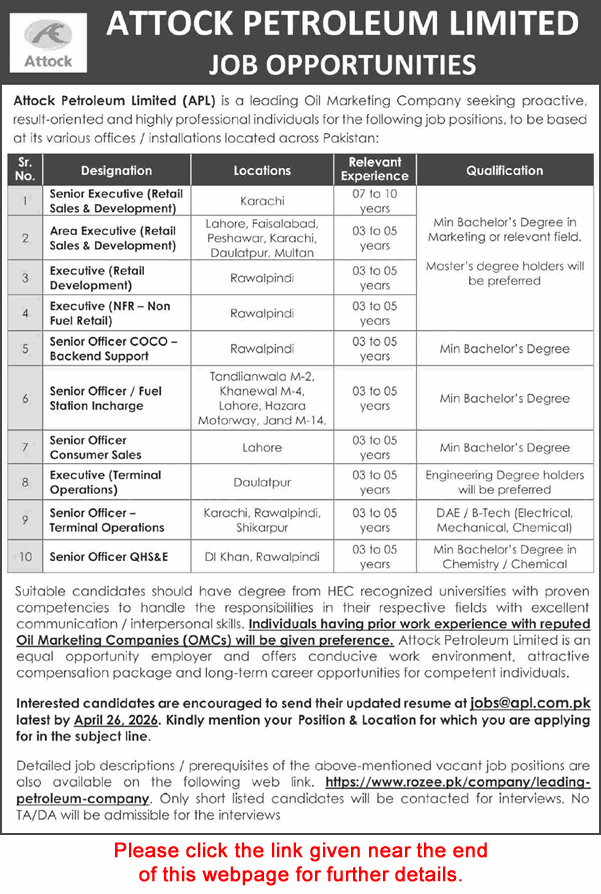 Attock Petroleum Limited Jobs April 2026 Executives, Sales Officers & Others APL Latest