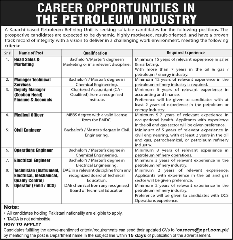 ENAR Petroleum Refining Facility Karachi Jobs April 2026 Civil / Electrical Engineers, Technicians & Others EPRF Latest