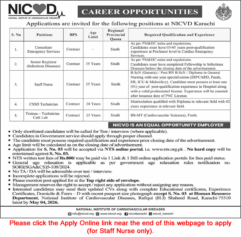 NICVD Karachi Jobs April 2026 Staff Nurse, Trainee Medical Technicians & Others Latest