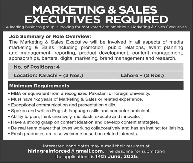 Marketing / Sales Executive Jobs in Karachi / Lahore June 2026 Latest