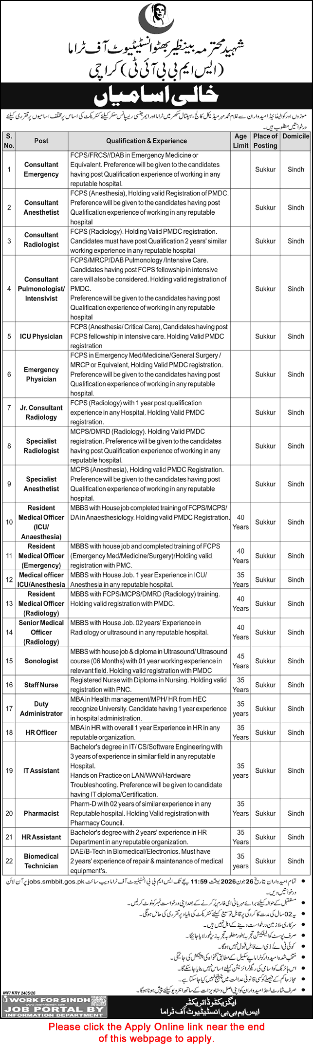 Shaheed Mohtarma Benazir Bhutto Institute of Trauma Sukkur Jobs June 2026 Apply Online SMBBIT Latest