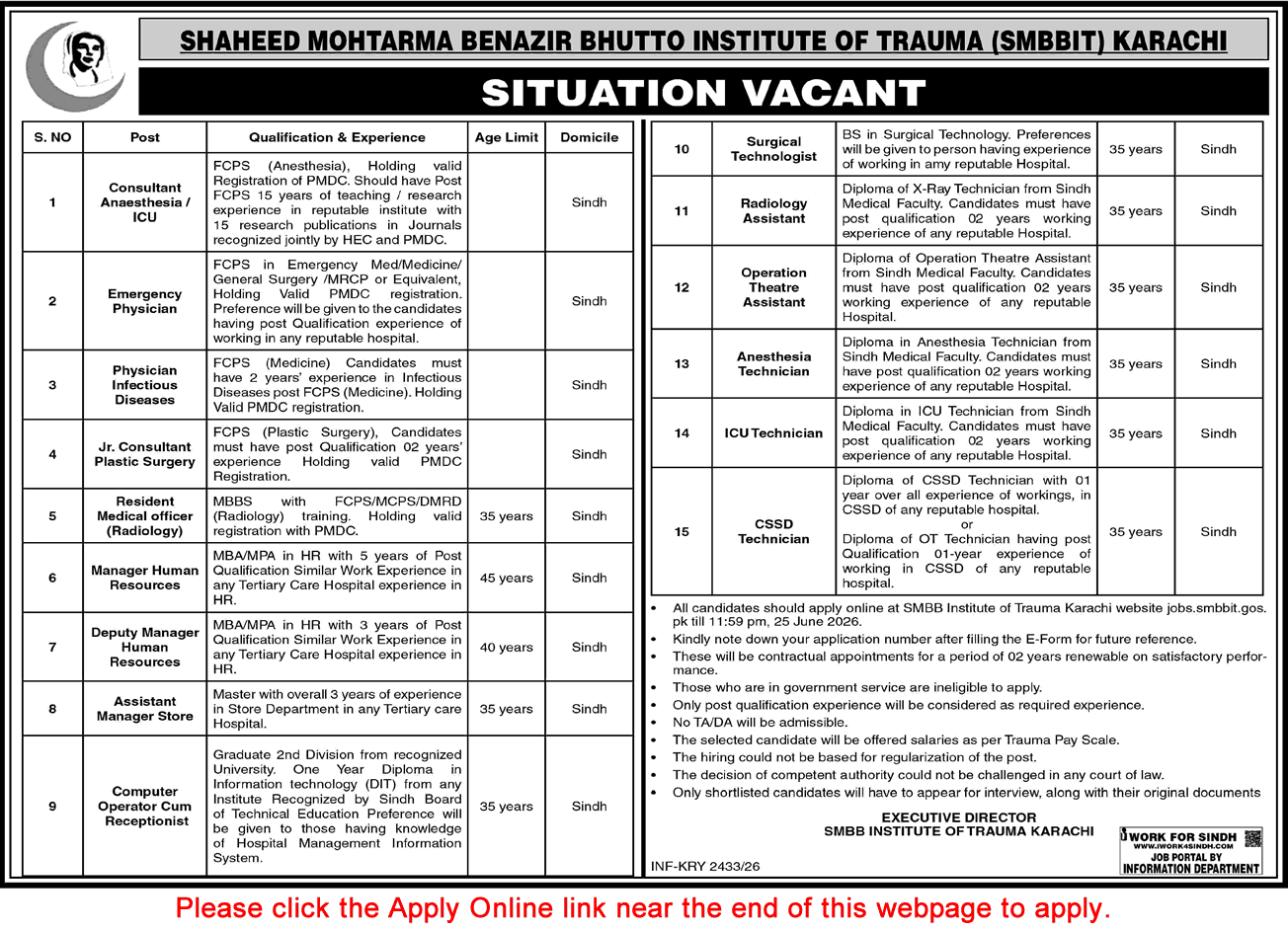 Shaheed Mohtarma Benazir Bhutto Institute of Trauma Karachi Jobs June 2026 Apply Online SMBBIT Latest