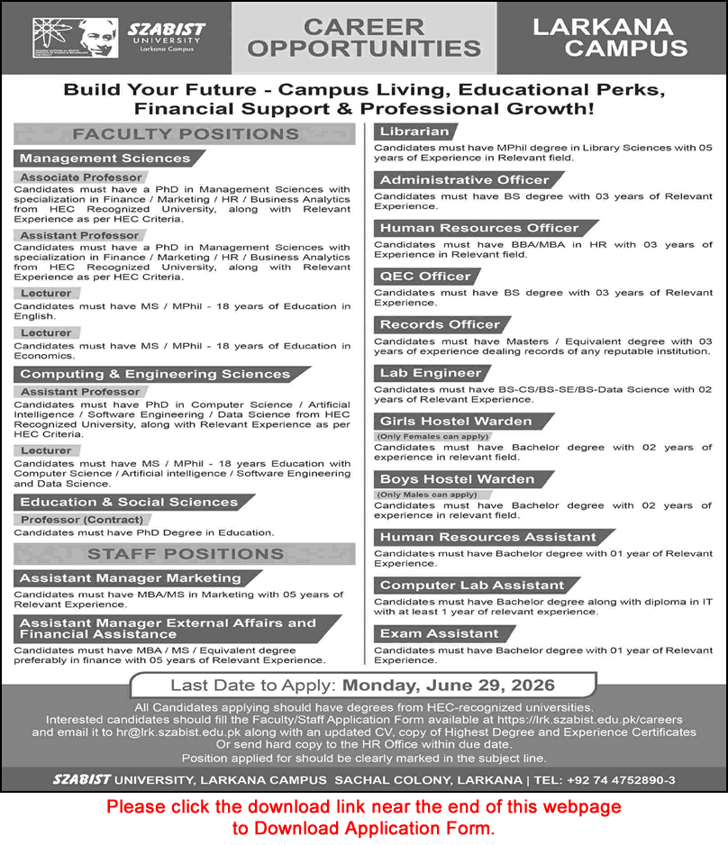SZABIST University Larkana Campus Jobs 2026 June Application Form Teaching Faculty & Others Latest