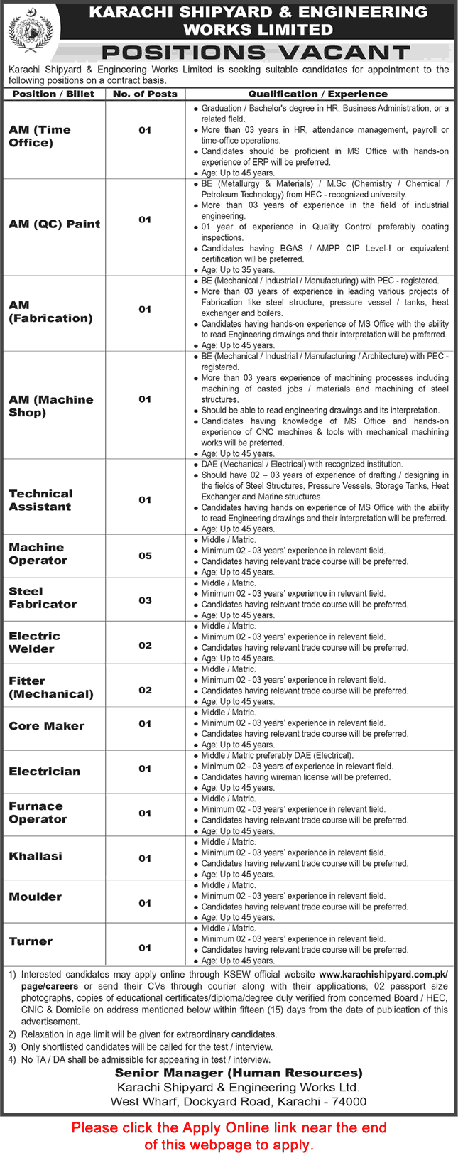 Karachi Shipyard and Engineering Works Jobs June 2026 Apply Online Assistant Manager, Machine Operators & Others KSEW Latest