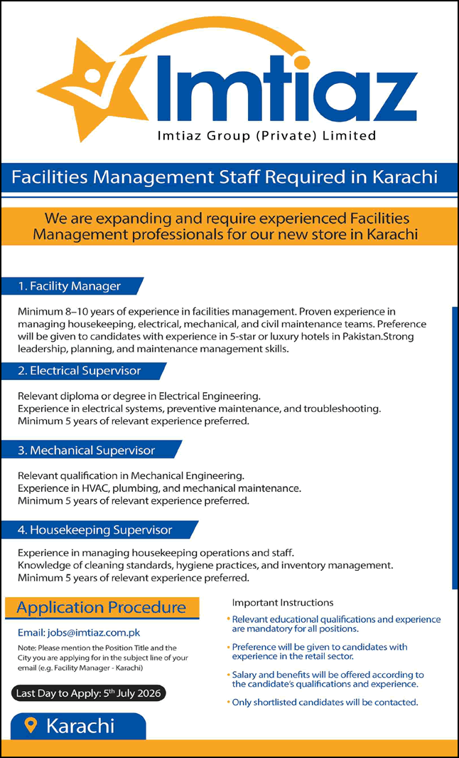 Imtiaz Supermarket Karachi Jobs June 2026 Housekeeping Supervisor, Facility Manager & Others Latest