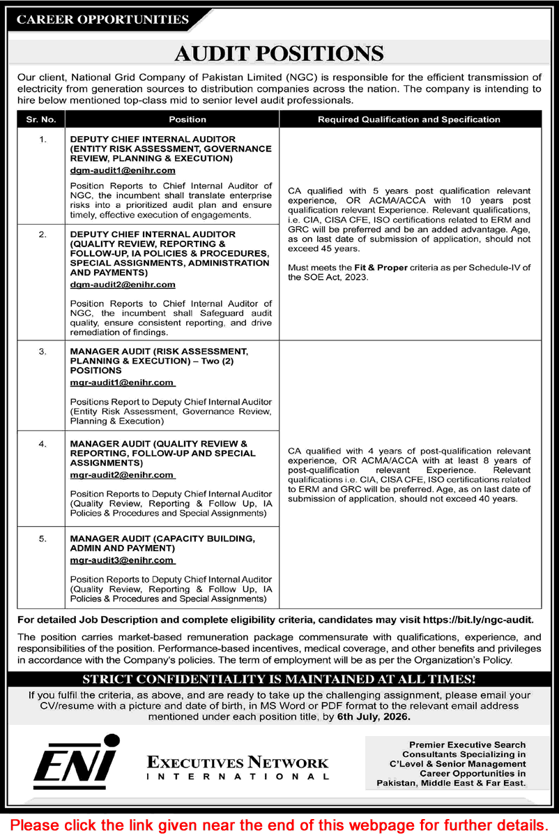 National Grid Company of Pakistan Jobs June 2026 Audit Manager & Deputy Chief Internal Auditor NGC NTDC ENI Latest