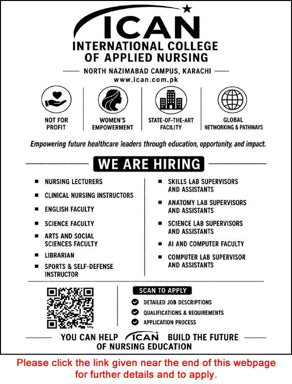 International College of Applied Nursing Karachi Jobs 2026 June / July Apply Online Teaching Faculty, Lab Supervisors & Others ICAN Latest