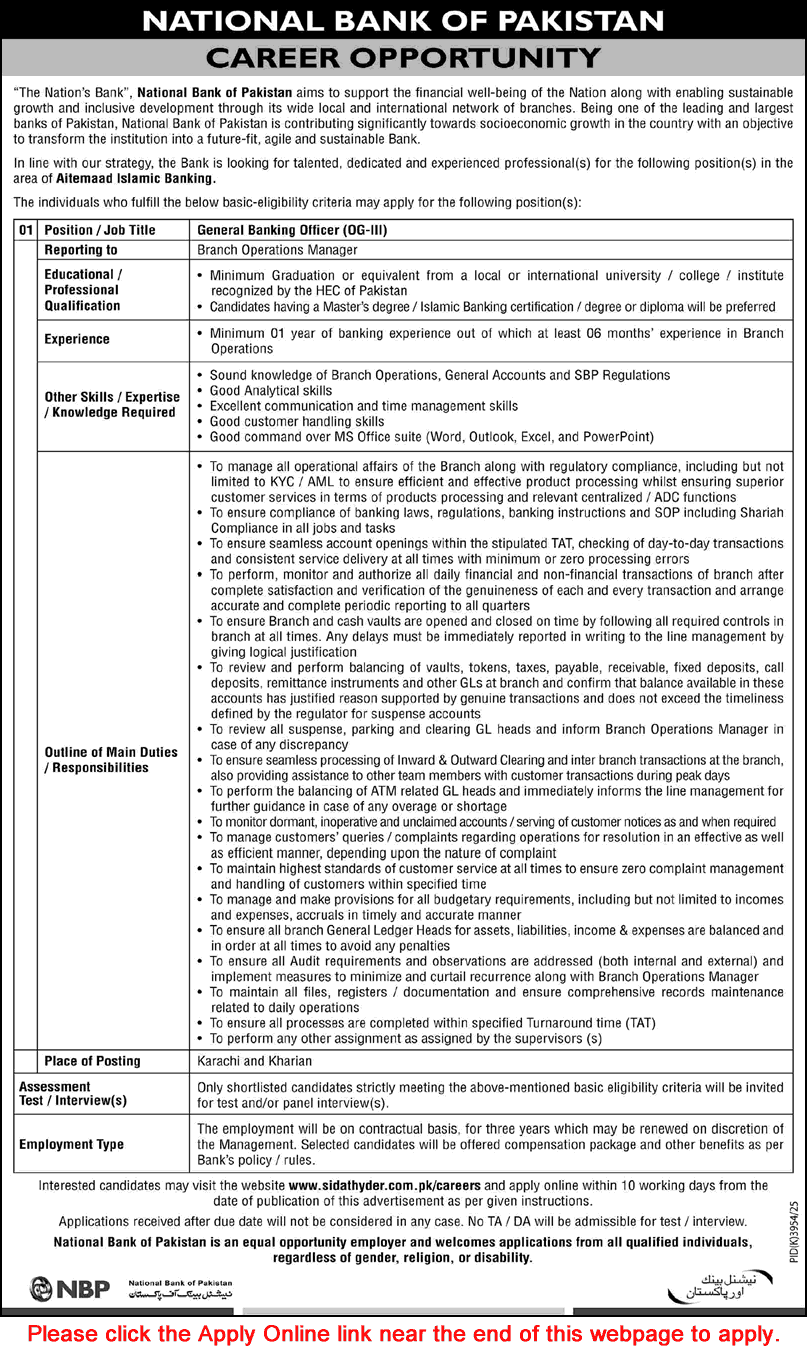 General Banking Officer Jobs in National Bank of Pakistan June 2026 July Apply Online NBP GBO Latest