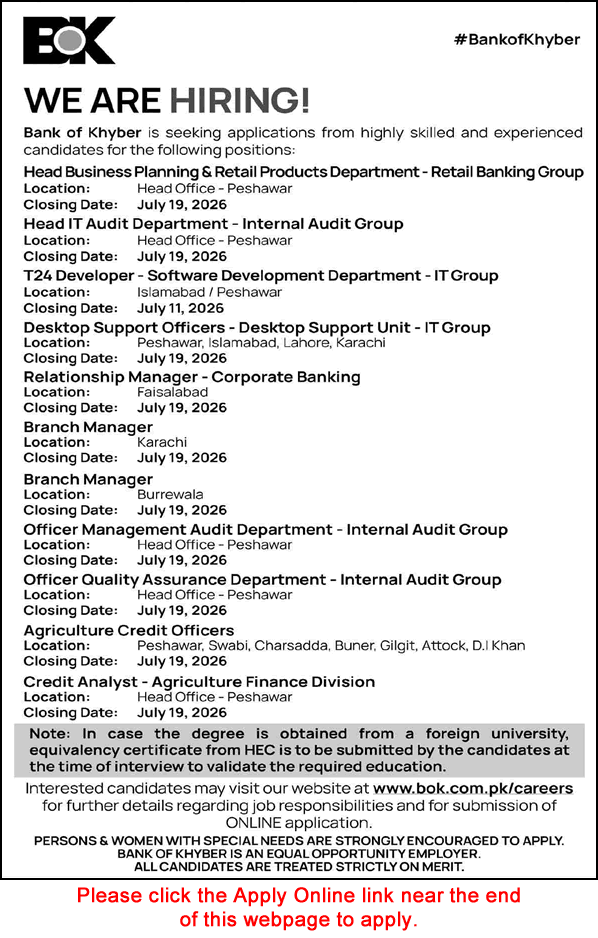 Bank of Khyber Jobs July 2026 Apply Online Agriculture Credit Officers, Desktop Support Officers & Others BOK Latest