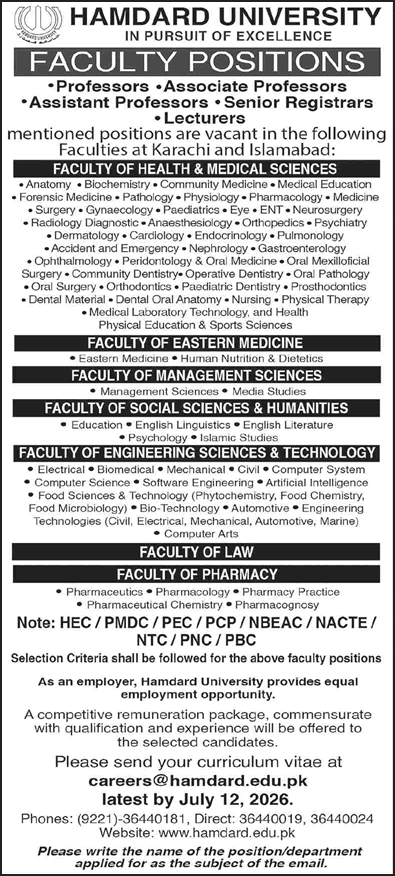 Teaching Faculty Jobs in Hamdard University Karachi / Islamabad 2026 July Latest