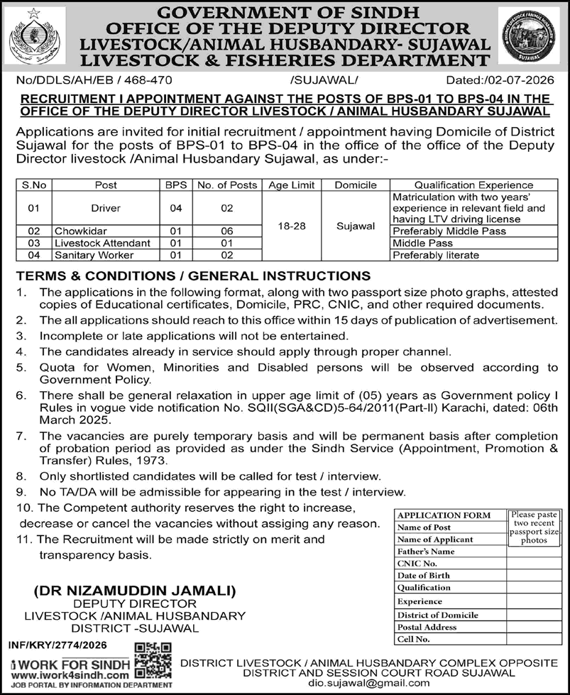 Livestock and Fisheries Department Sindh Jobs July 2026 Chowkidar, Drivers, Sanitary Workers & Livestock Attendant Latest