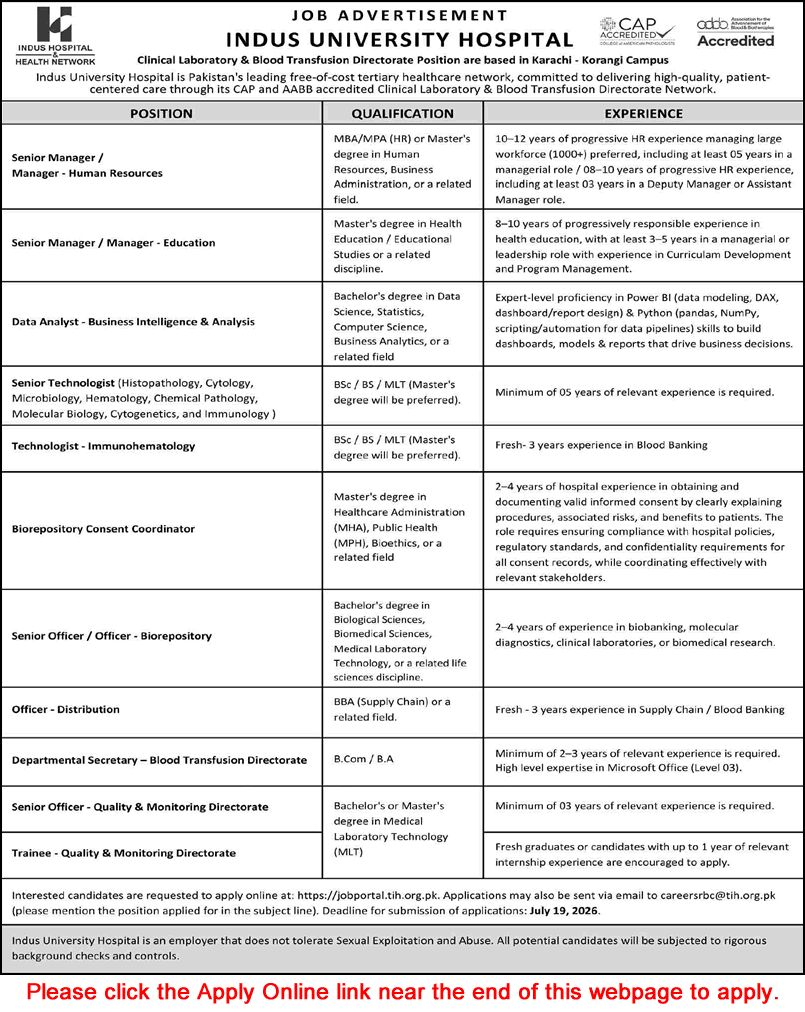 Indus University Hospital Karachi Jobs July 2026 Apply Online Technologists, Managers & Others Latest