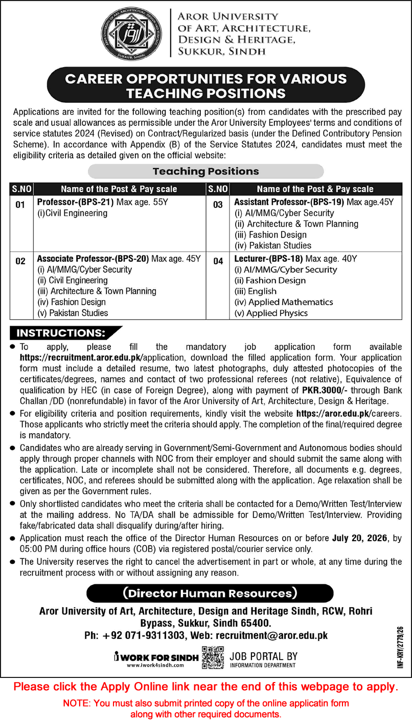 Aror University Sukkur Jobs July 2026 Apply Online Teaching Faculty Latest
