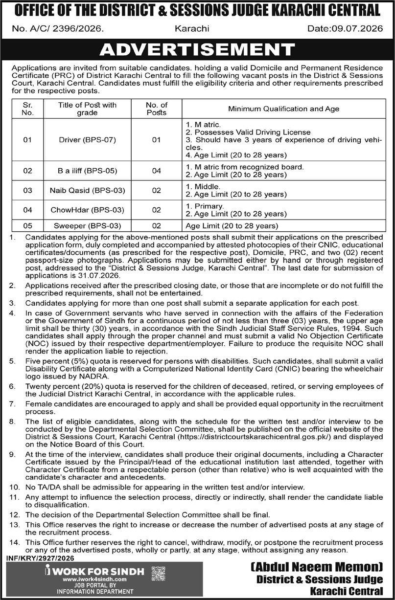 District and Session Court Karachi Jobs 2026 July Bailiff, Naib Qasid, Sweepers & Others Latest
