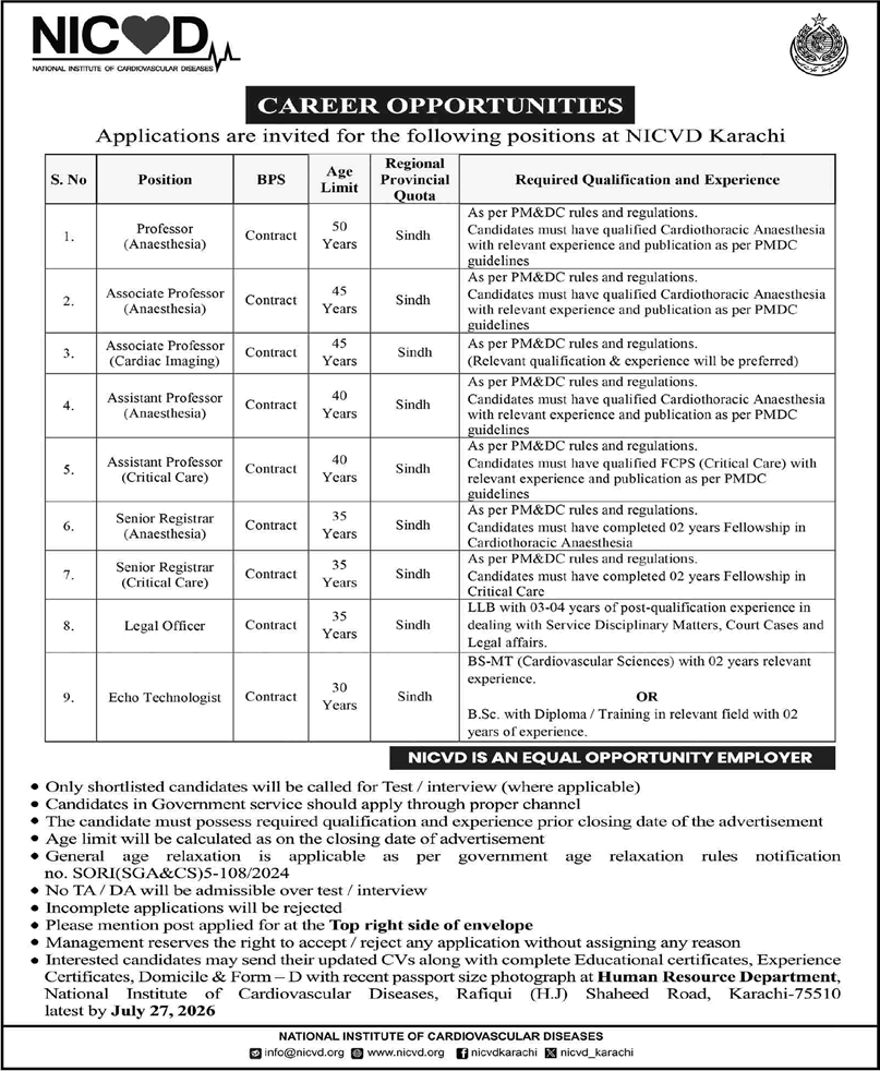 NICVD Karachi Jobs July 2026 Teaching Faculty, Legal Officer & Echo Technologist Latest
