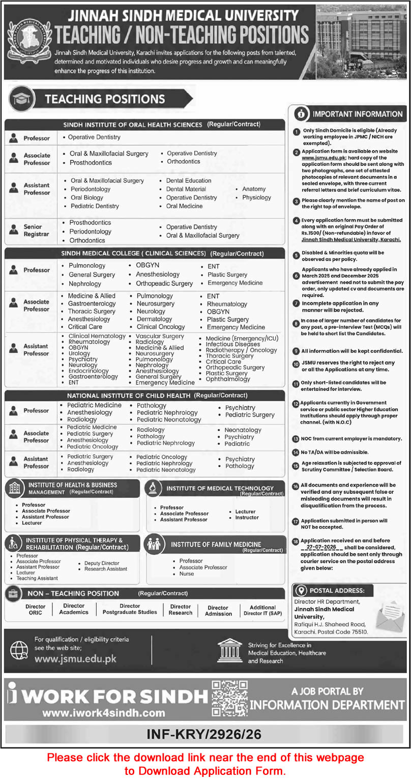 Jinnah Sindh Medical University Karachi Jobs July 2026 Application Form Teaching Faculty & Others JSMU Latest