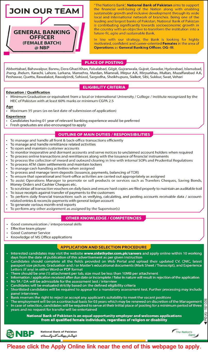 General Banking Officer Jobs in National Bank of Pakistan July 2026 Apply Online NBP GBO Females Latest